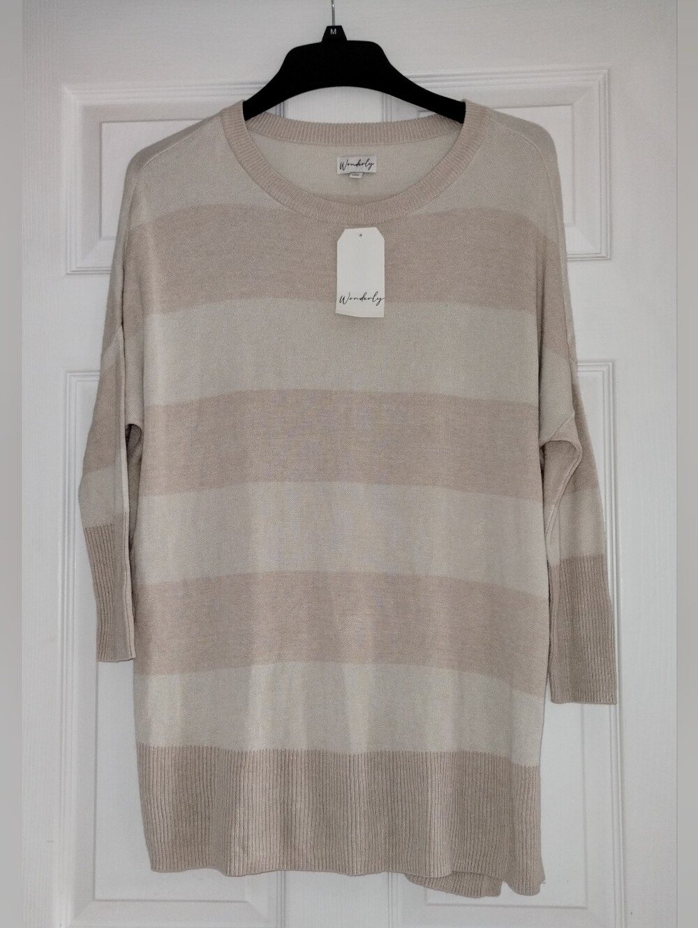 Wonderly Brand Cream & Beige Striped Crewneck Sweater